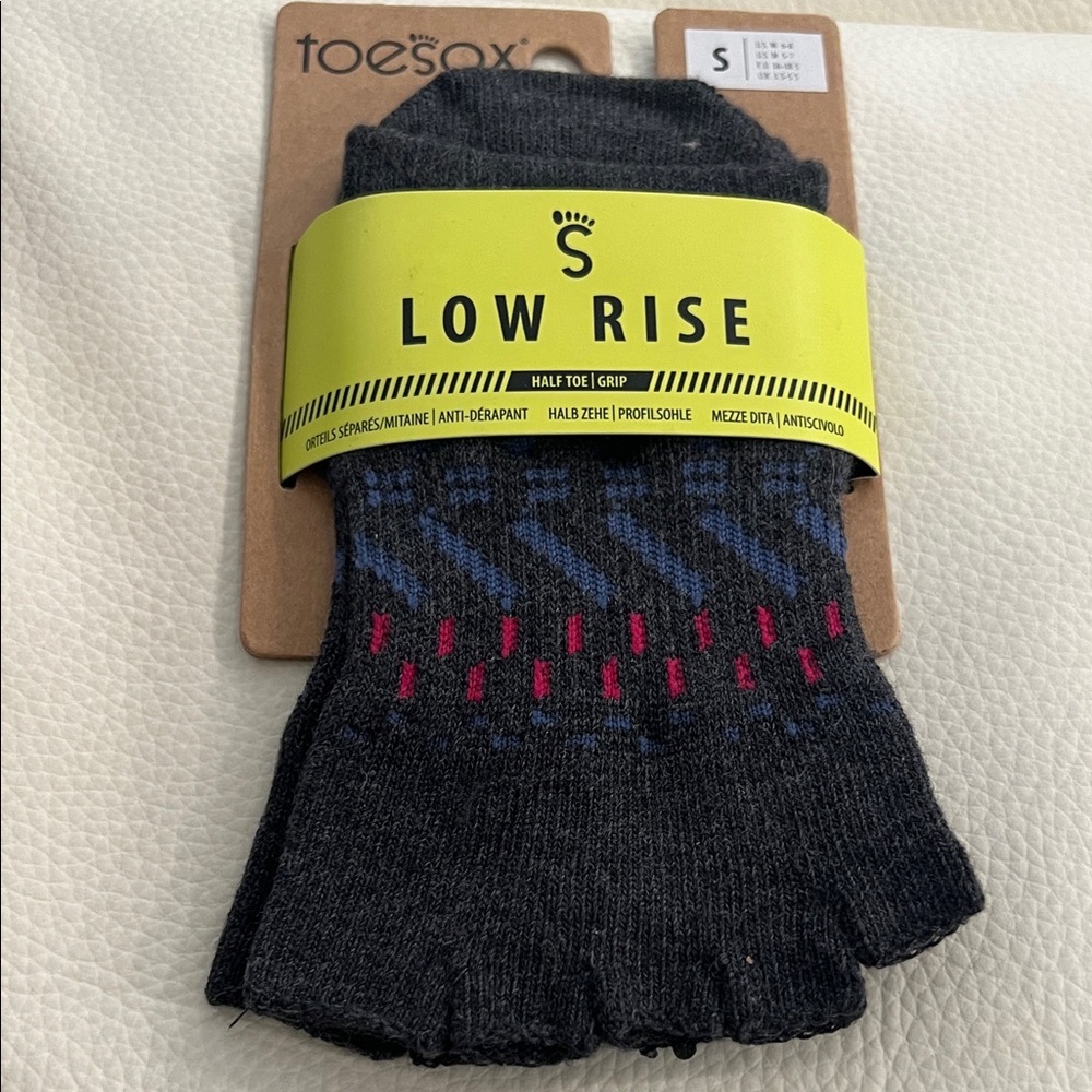 ToeSox Low Rise Half Toe Grip Socks - Black with Blue and Pink Patterns
